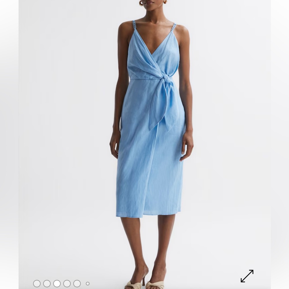 REISS Esme
Linen Side Tie Midi Dress in Blue/ Size 10 / Excellent  Condition